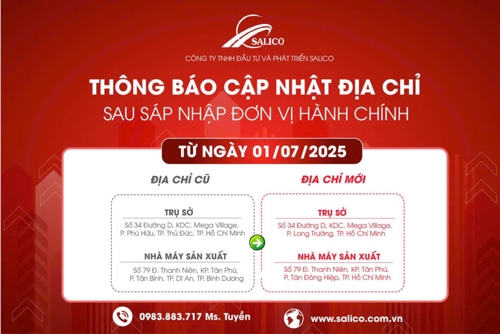 Banner thông báo cập nhật địa chỉ sau sáp nhập của Salico áp dụng từ 1.7.2025