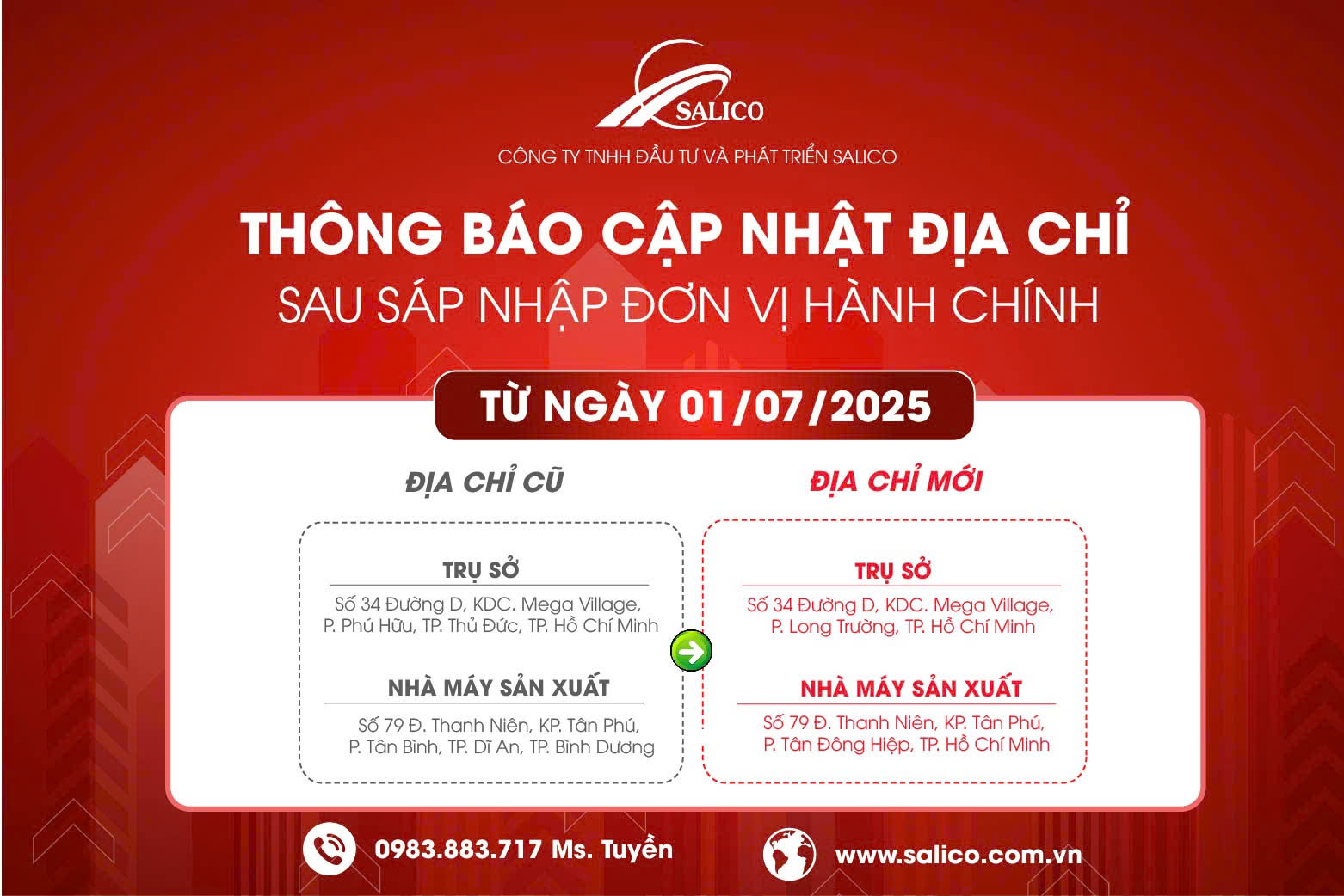 Banner thông báo cập nhật địa chỉ sau sáp nhập của Salico áp dụng từ 1.7.2025