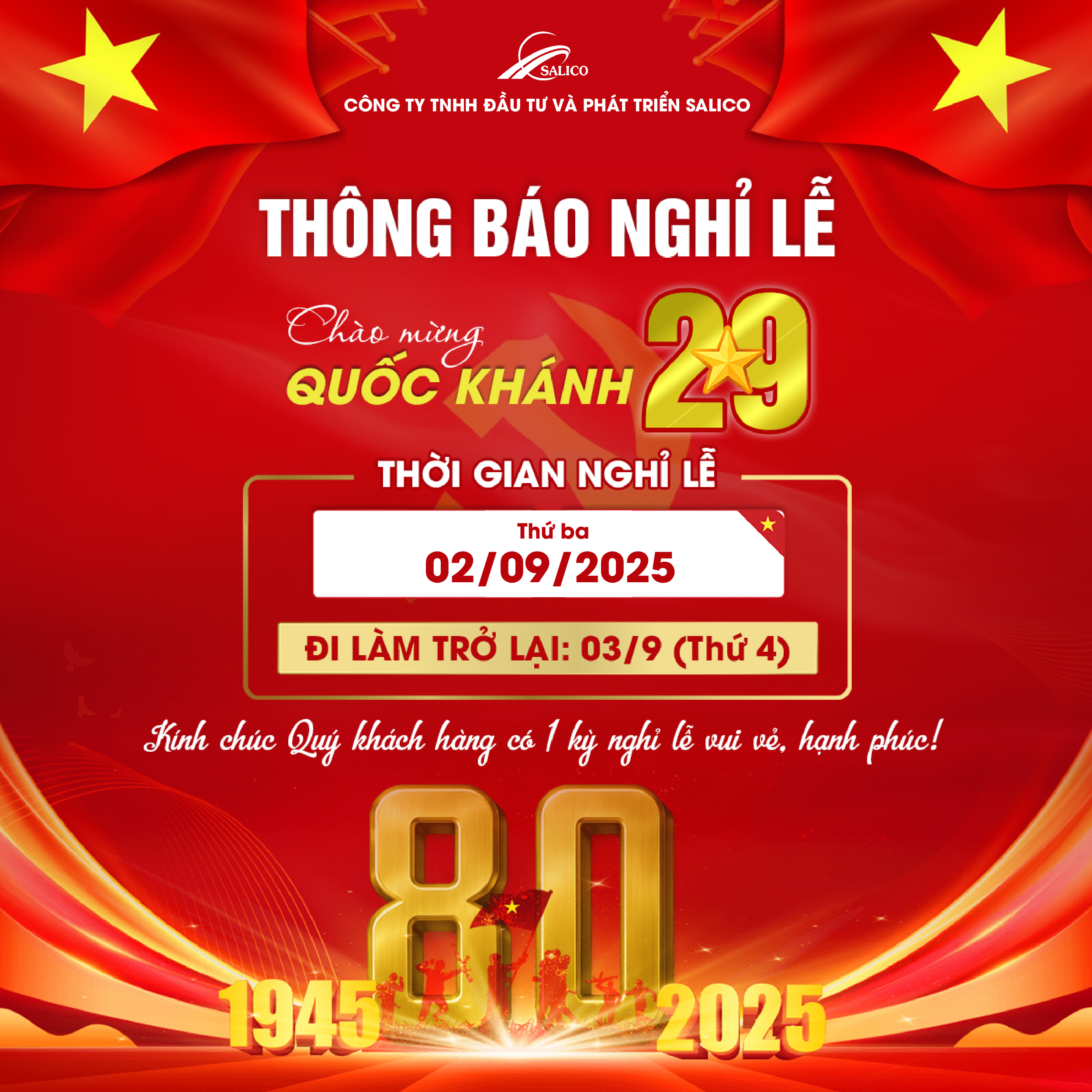 Salico thông báo lịch nghỉ lễ 2.9.2025