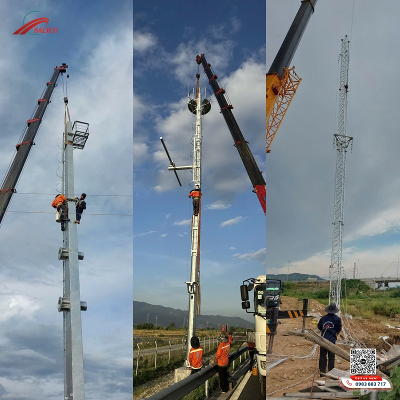 Salico cung cấp cột anten dây co 42m, giá long môn, trụ camera và cột đèn chiếu sáng 10m Vĩnh Hảo Phan thiết